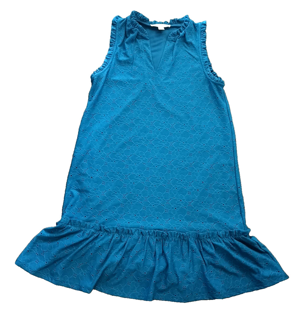 Michael Kors Sleeveless Teal Blue Stretch Eyelet Lace Ruffle Hem Shift Dress S